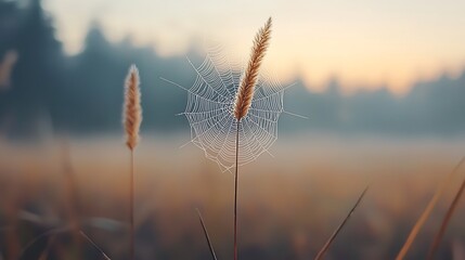 Fototapeta premium Dew-kissed Web for Autumn Meadow Dawn.