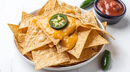 Crispy Tortilla Chips Topped with Melted Cheese and Jalapeños
