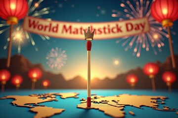 A golden matchstick with a crown stands on a world map carpet. Behind it, there are fireworks in the sky, a banner saying "World Matchstick Day," and colorful lanterns
