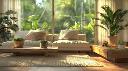 A living room, with modern furniture, is surrounded by green plants. The sunlight shines through the window, highlighting the natural textures.

