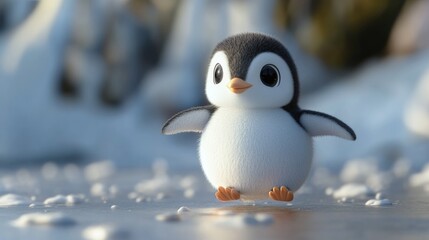 Fototapeta premium Adorable baby penguin standing on a patch of icy cold surface