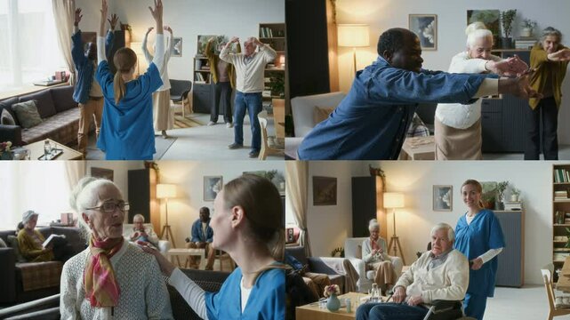 Split screen of caregiver in scrubs leading group fitness routine, supporting senior woman and posing for camera with elderly man in wheelchair in nursing home