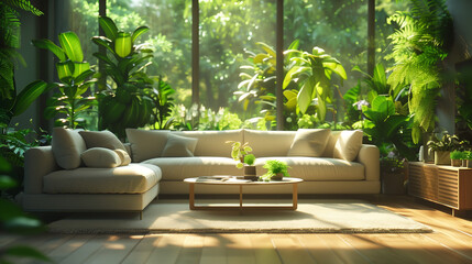 A modern living room with a neutral sectional and coffee table is surrounded by lush greenery.