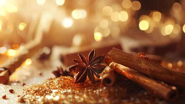 A close-up image of cinnamon sticks and a star anise, surrounded by sparkling sugar crystals, set against a warm, bokeh-filled background. The rich textures and golden glow evoke a cozy, festive 