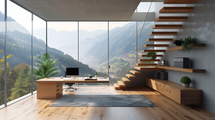 A modern office interior boasts a stunning mountain view through large windows, aiming to evoke focus and creativity. A minimalist desk and open staircase add to the contemporary aesthetic.