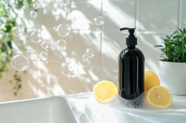 Black bottle of soap with lemons and bubbles on a bathroom sink