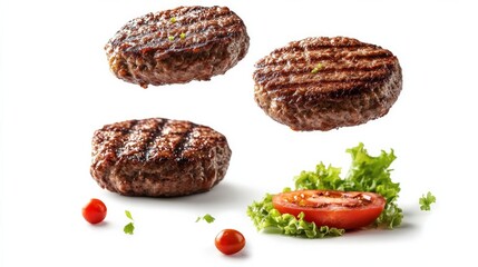 A floating cooked hamburger patty isolated on white showcasing its grilled texture