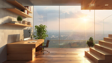 Modern home office interior design with floor-to-ceiling windows showing a sunrise cityscape view. Clean lines and natural materials.
