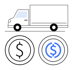 White delivery truck moving, paired with two currency circles. Ideal for ecommerce, delivery, money transfer, shipping, logistics, financial trade supply chain. Simple flat metaphor