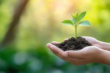 Nurturing growth hands cradling soil with a young green plant in a lush garden nature photography outdoor serenity close-up viewpoint