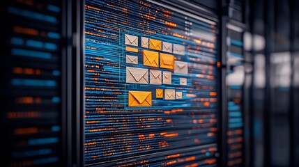 Server rack displaying email icons and data streams.