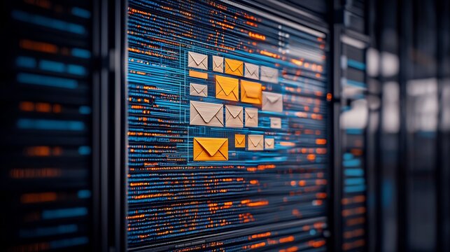 Server rack displaying email icons and data streams.