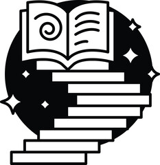 book with a spiral on the cover and a staircase underneath it