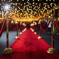 Dazzling Red Carpet Event with Gold Stanchions and Glamorous Lighting