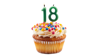 Celebrating an 18th birthday with a colorful cupcake topped with icing and candles