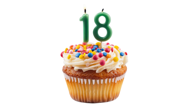 Celebrating an 18th birthday with a colorful cupcake topped with icing and candles - Powered by Adobe