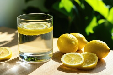 Fototapeta premium Refreshing drink with lemon slices, showcasing vibrant colors an