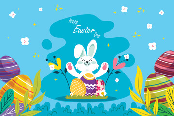 Cheerful Easter themed digital illustration featuring pastel-colored decorated eggs, bunny ears and flowers on a soft pastel background, The text "Easter Day" is elegantly displayed in warm tones.
