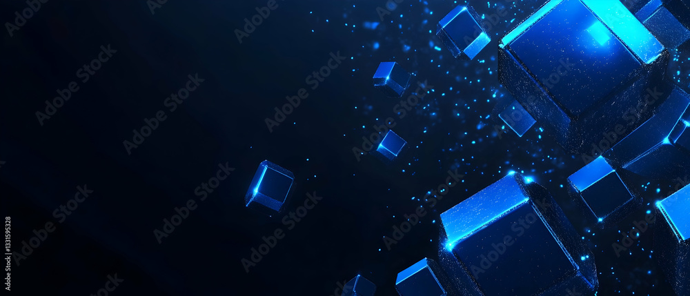Poster Digital blue blockchain background with a symbol of a linked chain and cubes