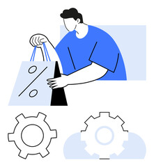 Man carrying shopping bag with percent sign, alongside gears conveying technology, automation, and optimization. Ideal for retail, e-commerce, sales, technology, automation convenience innovation