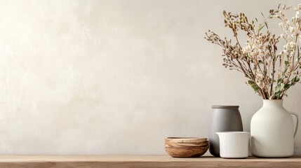 Minimalist home decor with dried flowers and pottery