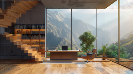An office space with a large window showcasing a mountain view is depicted. The modern interior features wood floors, a minimalist desk, and natural light.