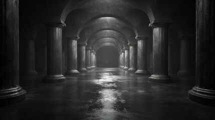 Ancient Stone Hallway Moody 3D Design, Grand Vault Space with Grey Black Columns