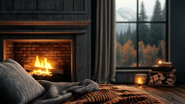 Cozy Room with Warm Fireplace and View of Autumn Trees and Mountains Through Large Window Creating Serene and Inviting Atmosphere