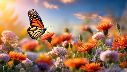 A Monarch butterfly with orange and black wings spread wide, taking flight gracefully over a sunlit natural landscape
