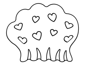 Shower cap decorated with hearts. Sketch. Vector illustration. Outline on an isolated white background. Cap for protecting hair from getting wet while taking a shower. Doodle style. Coloring book
