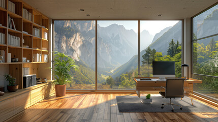 A modern home office features a desk, chair, and large windows with scenic mountain views,