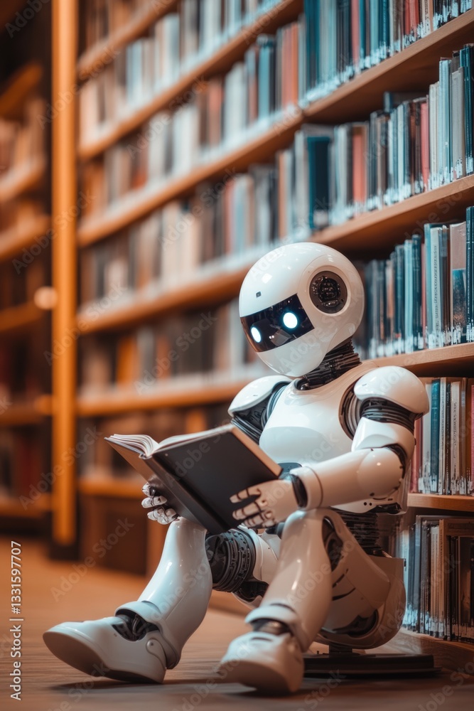 Aufkleber A robot sitting in a library, reading a book from a shelf