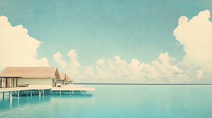 Obraz premium Luxury overwater bungalows on a turquoise sea, under a sky with white clouds. Ideal vacation spot