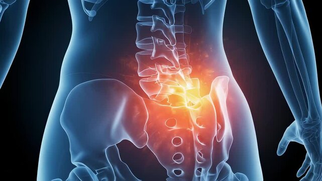 Medical illustration of a woman seen from an angle, showing lower back pain and muscle tension. 3D CG image highlighting inflammation and injury