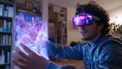 Man uses VR headset, manipulating digital object at home.  Stock photo for tech, gaming articles