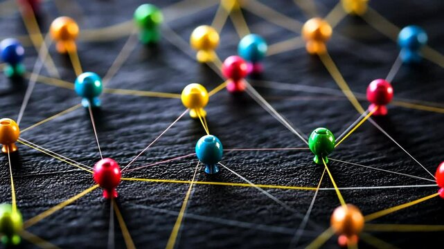 Colorful pins connected by strings creating a vibrant network on a dark surface