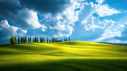 Tuscan Landscape: Rolling Hills, Cypress Trees, and Dramatic Sky