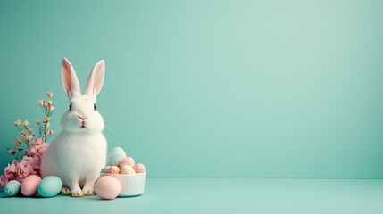 Fototapeta premium Cute white rabbit surrounded by pastel Easter eggs and flowers on a light blue background in a festive atmosphere