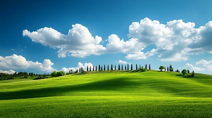 Tuscan Countryside: Rolling Hills, Cypress Trees, and a Serene Sky