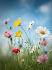 Fototapeta premium Colorful wildflowers blooming under a clear blue sky in a tranquil meadow during springtime