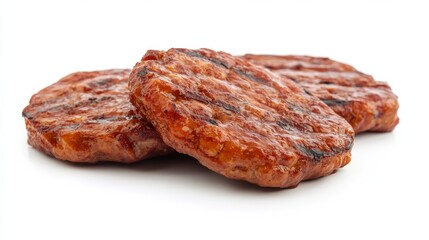 Obraz premium A grilled beef patty isolated on a white background showcasing its rich texture and charred perfection