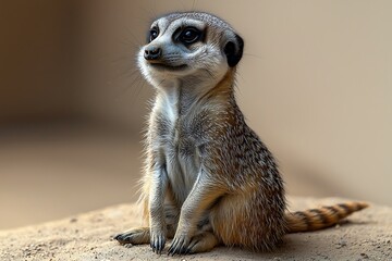 Meerkat Sitting for Alert, on Sand, Beige Background.