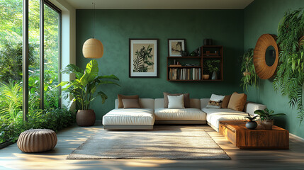 A cozy, modern living room features dark green walls, a sectional sofa, and large windows. Natural light illuminates plants, creating a serene, indoor-outdoor space.