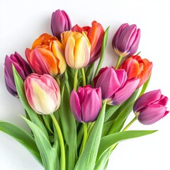 Fototapeta premium Brightly colored tulips arranged beautifully on a white surface in spring season