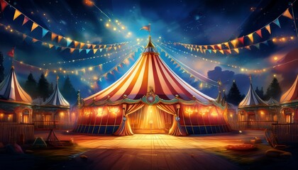 A nighttime circus scene with glowing lights and colorful flags, featuring a tall tent in a quiet, magical atmosphere
