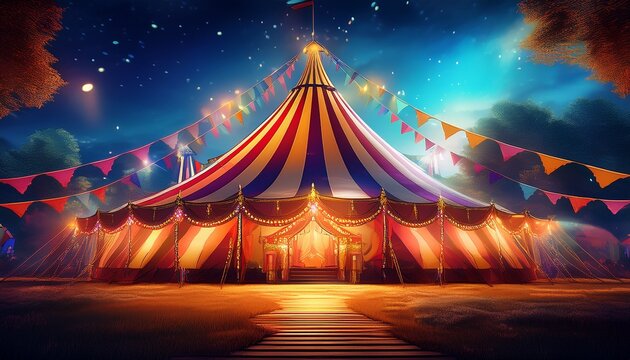 A nighttime circus scene with glowing lights and colorful flags, featuring a tall tent in a quiet, magical atmosphere