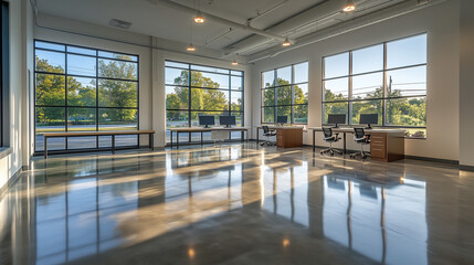 A bright, modern office space featuring large windows overlooking lush greenery. The polished concrete floors reflect the natural light, creating an open and airy atmosphere.