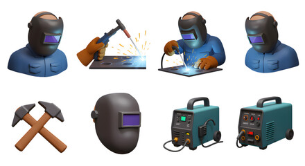 Welding Equipment and Worker Icon Set for Construction Industry