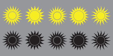 Stylized Sun Icon Collection – Modern Yellow & Black Sunburst Symbols for Design & Branding