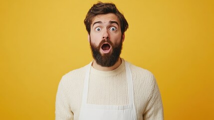 Obraz premium A surprised man with a beard wearing a white sweater and apron against a yellow background